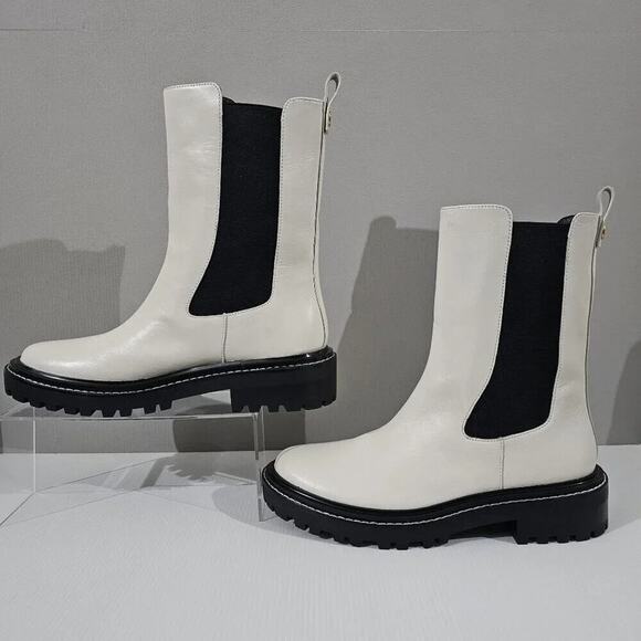 Tory Burch Benton Boot Womens 10.5 Ivory Black Leather Lug Sole Platform Chelsea - Picture 2 of 16